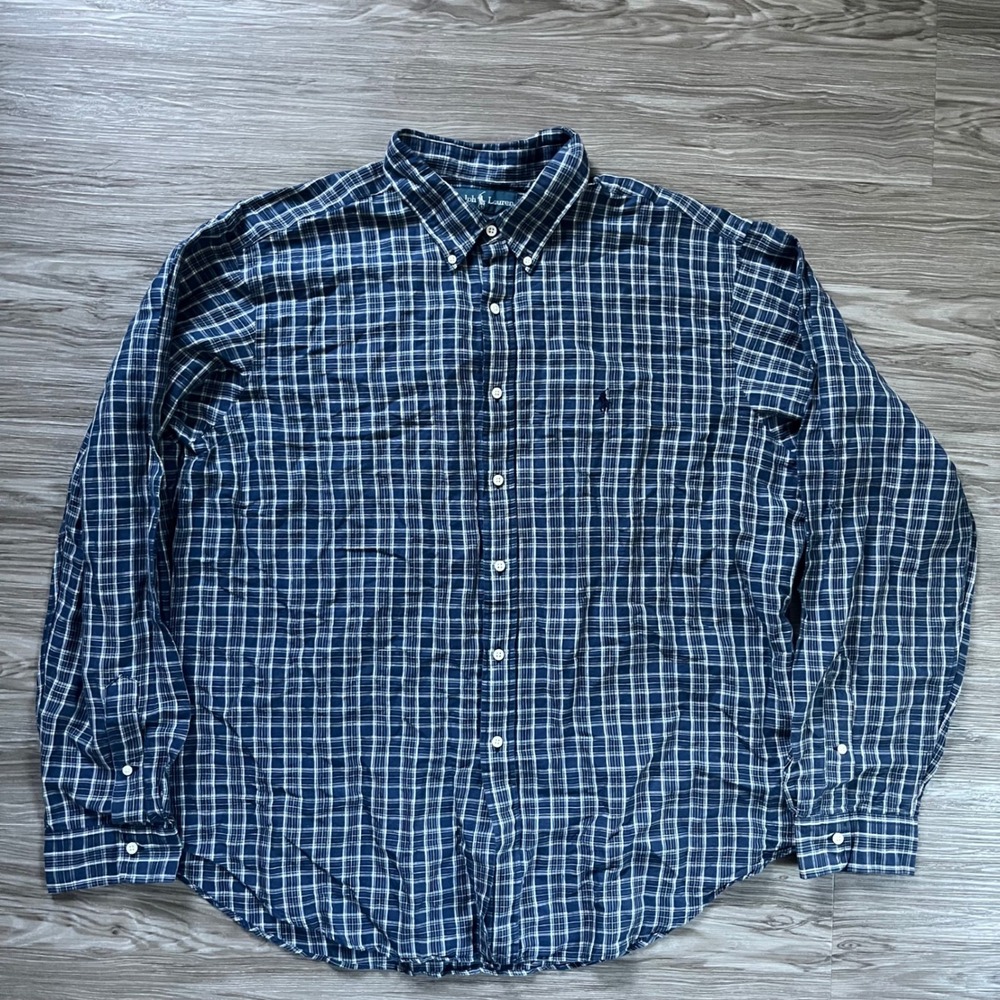 Polo Ralph Lauren Mens XXL Blue White Plaid Linen Cotton Classic Fit Shirt